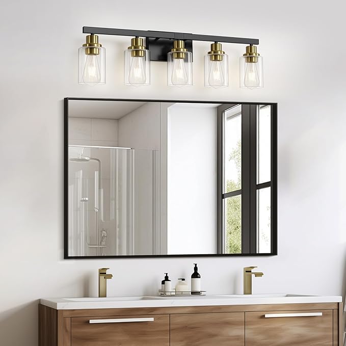 DIKAIDA 5-Light Black and Gold Bathroom Vanity Light, 30" Modern Vanity Lighting Fixture, Bathroom Light Fixtures, Wall Sconces with Clear Glass Shade, Black Bathroom Wall Light Over Mirror