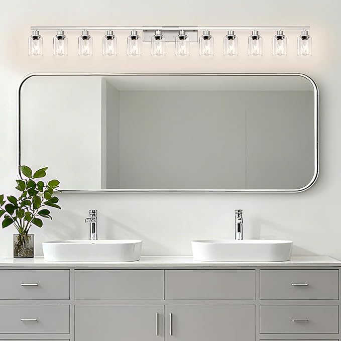 DIKAIDA Brushed Nickel Bathroom Vanity Light, 12 Light Brushed Nickel Bathroom Lighting fixtures Over Mirror, Brushed Nickel Bathroom Vanity Lights Wall Lighting for Mirror Bedroom, Living Room