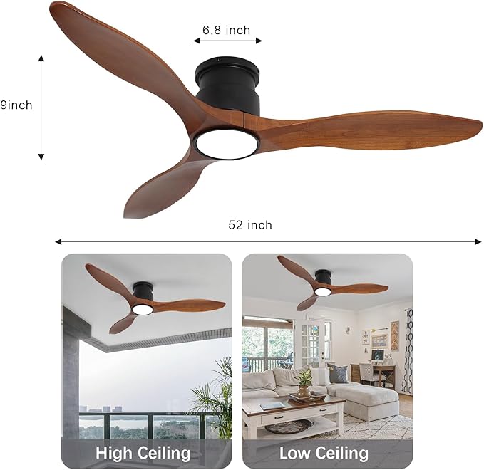 revoici 52Inch Wood Ceiling Fans with Lights and Remote Control, Indoor Outdoor Ceiling Fans Farmhouse, Low Profile Ceiling Fan with Light Timing 6 Speeds 3 Color Light Memory Lighting Reversible