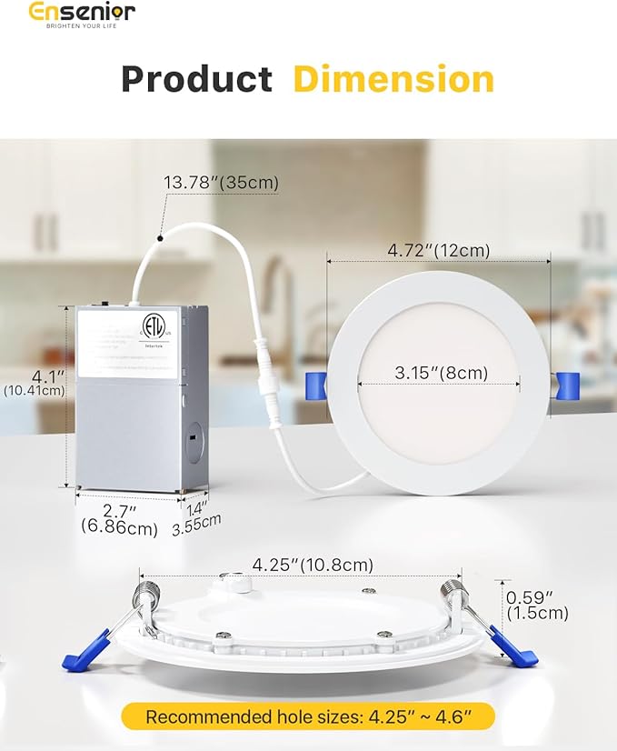 Ensenior 12 Pack 4 Inch LED Recessed Ceiling Light, Dimmable, 4000K Cool White, 750LM 9W 120V, High Brightness Canless Wafer Downlight - ETL&FCC&IC