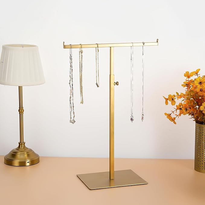 MCKECHSION Display Stand Stainless Steel Jewelry Towers Bag Stand Tabletop Double Hook Hanging Jewelry Stands for Necklaces Organizer Stand Adjustable Height Home Store Boutique, Gold