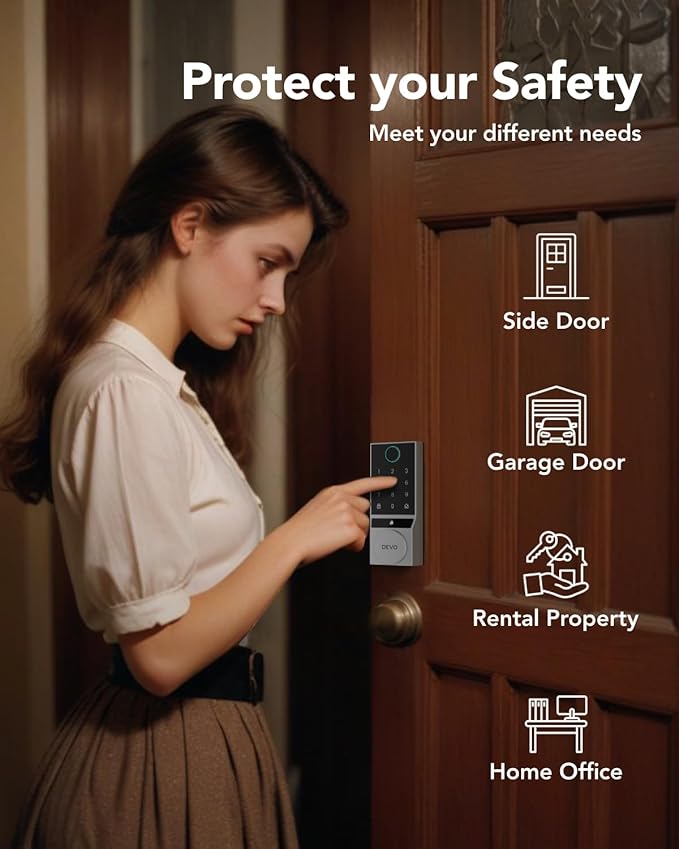 Devo G2 Fingerprint Smart Door Lock, Keyless Entry Door Lock, App Control, Smart Locks for Front Door, Smart Deadbolt Lock, Built-in Bluetooth, Touchscreen Keypad, 8 Months Battery, IP54 Waterproof