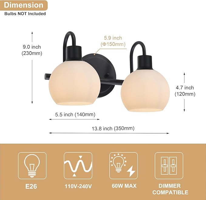 WINSHEN 2-Light Black Bathroom Light Fixture, Milk White Globe Wall Sconce Lamp for Hallway Bedroom Foyer Cabinets, Modern Vanity Lights E26 Socket