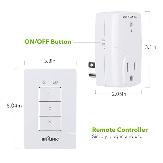 BN-LINK Mini Wireless Wall-Mounting Remote Control Outlet Switch Power Plug in for Household Appliances, Wireless Remote Light Switch, LED Light Bulbs, White (3 Outlets)
