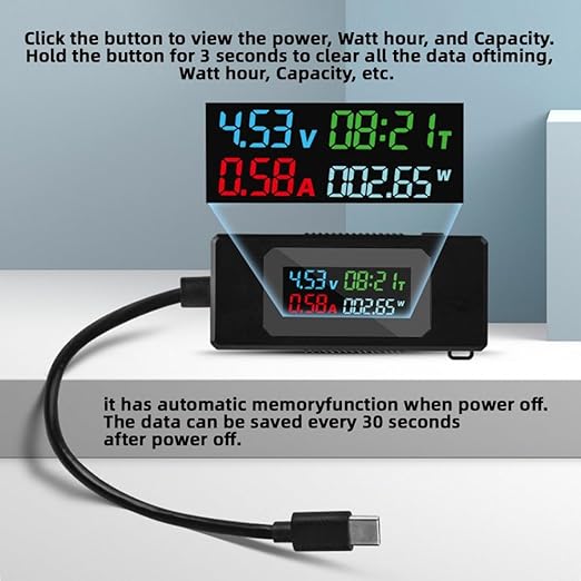 chenyang USB C Power Tester Digital Multimeter 4-30V 0-6.5A Color Screen Digital Display Real-Time Monitoring of Current/Voltage/Power/Work Time