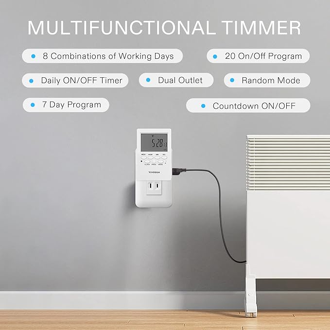 VIVOSUN Digital Timer Outlet 7 Day Programmable Digital Outlet Timer with 2 Independent Outlets 3 Prong, 20 on/Off Programs Groups, Countdown Setting, Indoor for Light Lamp, Fan（1Pack）
