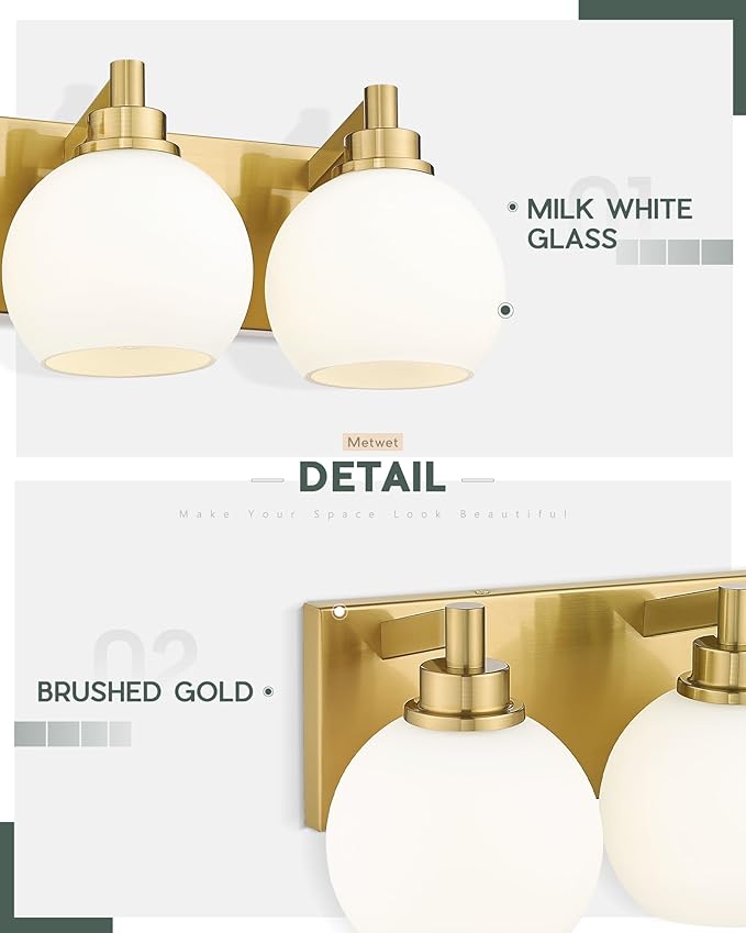 METWET Bathroom Light Fixtures, 6-Light Brushed Gold Bathroom Vanity Lights Over Mirror with Globe Milk White Glass Shade, 38 Inch Modern Vanity Lighting Fixtures, VL195-BG-ML-6