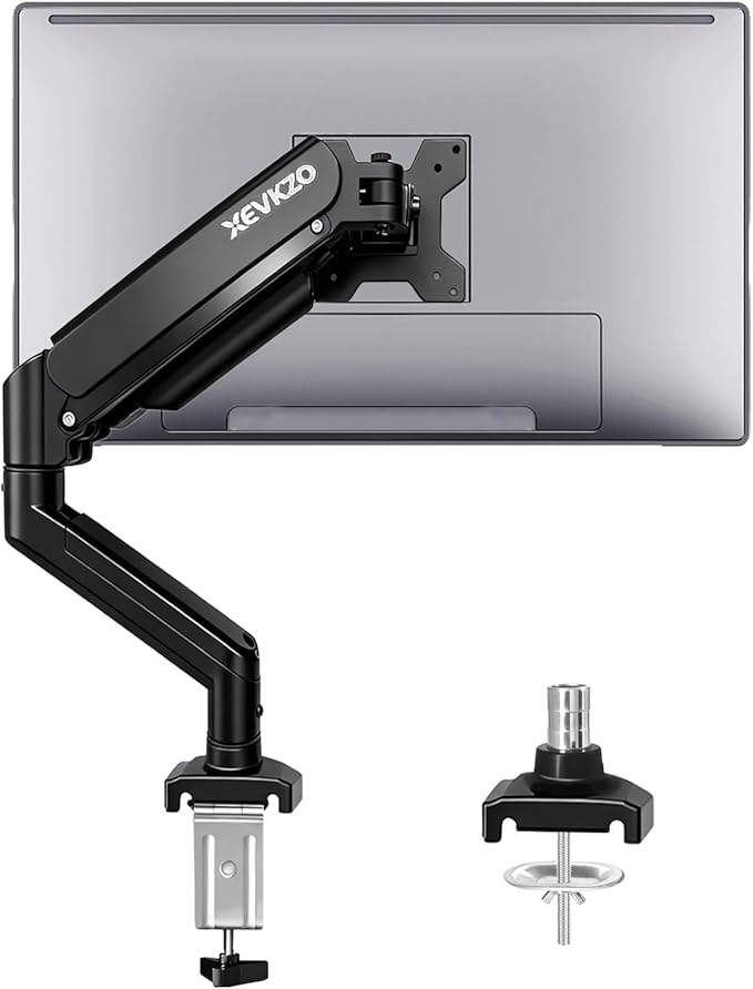 XEVKZO Single Monitor Arm - Gas Spring Monitor Stand for 13 to 34 Inch Screens, Adjustable VESA Mount with C-Clamp & Grommet Base, Full Motion (Tilt, Swivel, Rotation), Supports 4.4-22 lbs