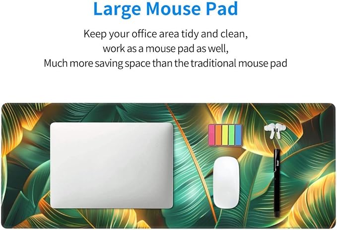CANFLASHION Desk Pad,Office Desk Mat 31.5"×11.8" Large Gaming Mouse Pad,Durable Extended Computer Mouse Pad,Waterproof Thick Big Mouse Pads with Non-Slip Rubber Base Office Home Gold Green Palm Leaves