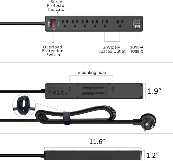 10 Ft Power Strip Surge Protector - Yintar Extension Cord with 6 AC Outlets and 3 USB Ports for Home, Office, Dorm Essentials, 1680 Joules, ETL Listed, Black
