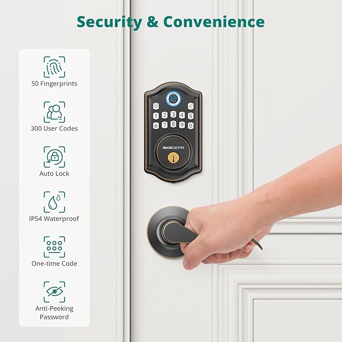 AkaGear DS10 Keyless Entry Door Lock with Handle - 2 Lever Handles, Fingerprint Door Lock, Keypad Deadbolt, 2 Keys, Code, Smart Locks for Front Door, Auto-Lock, Easy Installation - Oil Rubbed Bronze