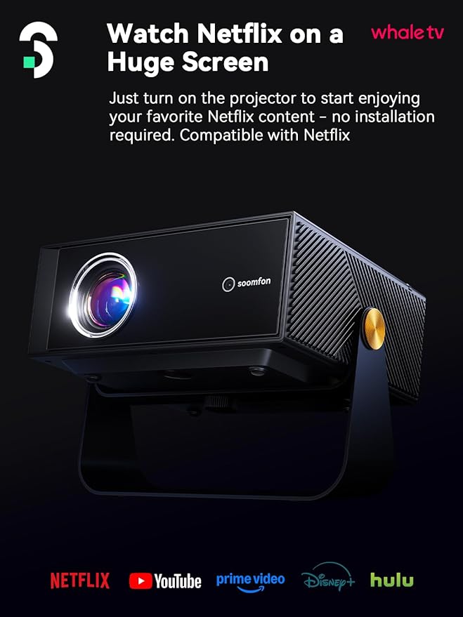 SOOMFON SK3 Smart Projector with WiFi and Bluetooth 1080P Native HDR10 - Portable Outdoor Movie Mini Projector with Stand Auto Focus & Keystone, Zoom for Home/Bedroom Compatible with Netflix