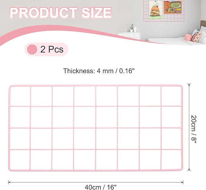 PATIKIL 16"x8" Wire Grid Panel, 2 Pack Board Photo Pictures Memo Display Grid Panels Hanging Organizer Wall Decorative Panel for Home Office Wedding, Pink
