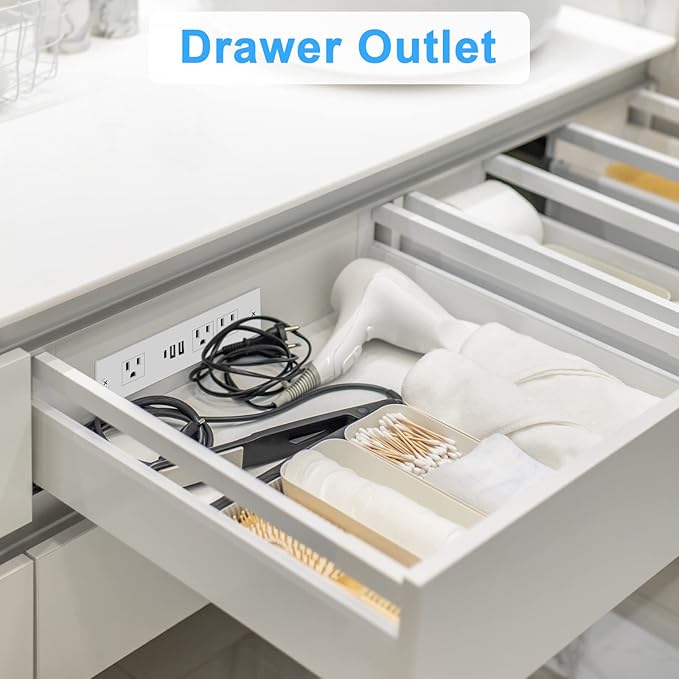 Recessed Power Strip, Furniture Drawer Outlet with 20W PD USB-C & 18W QC3.0 USB-A, Plug in 3 Outlets & USB Ports, Flush Mount 3FT Flat Extension Cord Conference Desk Outlets White