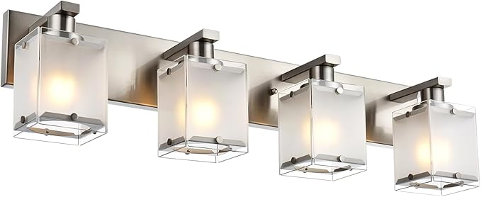 WINSHEN 4-Lights Bathroom Light Fixtures Over Mirror, Brushed Nickel Vanity Wall Mounted Lighting with Frosted Glass for Kitchen Living Room, E26 Bulb Base