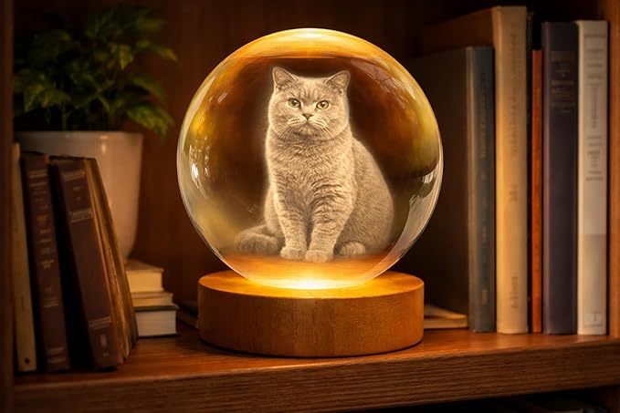 Herihues Personalized 3D Photo Crystal Ball, Custom Engraved Picture Lamp with Wood Base, Night Light for Pet Lovers, Cat Memorial Gifts, Loss of Pet Sympathy Gift Night Light, Cat Mom Gifts