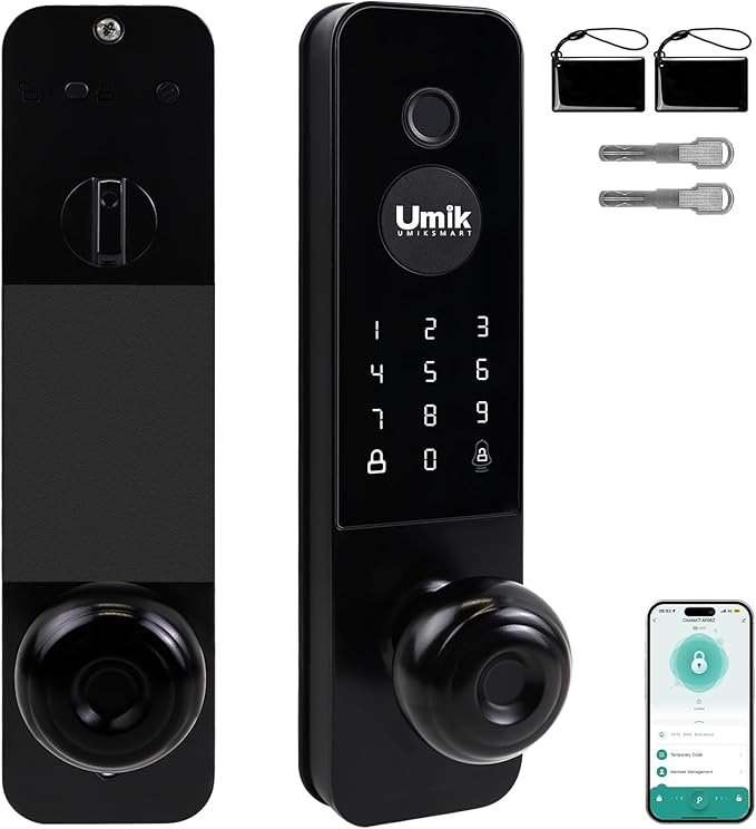 UMIK UMIKSMART Smart Door Lock, Keyless Entry Fingerprint Door Lock with Knob, Electronic Smart Door Knob with Digital Keypad, App Remote Control, WiFi Smart Deadbolt Lock for Front Door, Matte Black