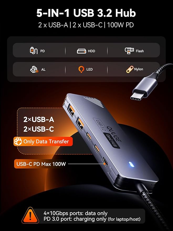 USB C Hub 10Gbps, QUUGE 5-in-1 USB Splitter with 2 USB-A & 2 USB-C 3.2 and PD 100W, Fast Transfer Aluminum Type-C Multiport Adapter with 100cm Nylon Cable for MacBook Air/Pro, iPad, Surface Pro, XPS