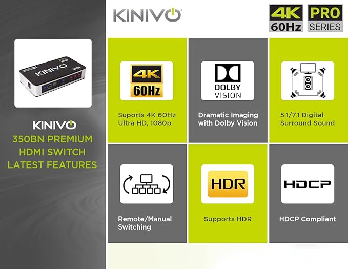 Kinivo HDMI Switch 3 in 1 Out 4K 60Hz (HDR 10, High Speed 18Gbps, IR Remote, HDCP2.2, Dolby Vision, VRR) - 350BN Switcher Compatible with Roku, PS5, Xbox, Apple TV, Nintendo Switch 2, Cable Box
