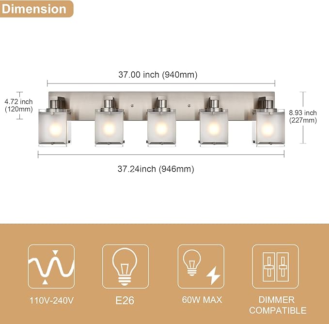 WINSHEN 5-Lights Bathroom Vanity Light Fixtures, Modern Brushed Nickel Wall Sconce Lighting with Rectangular Frosted Glass Shades, E26 Bulb Base