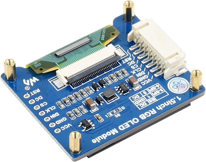waveshare 1.5inch RGB OLED Display Module 128x128 Pixels 16-bit High Color (65K Colors) with Embedded Controller Communicating via SPI Interface.