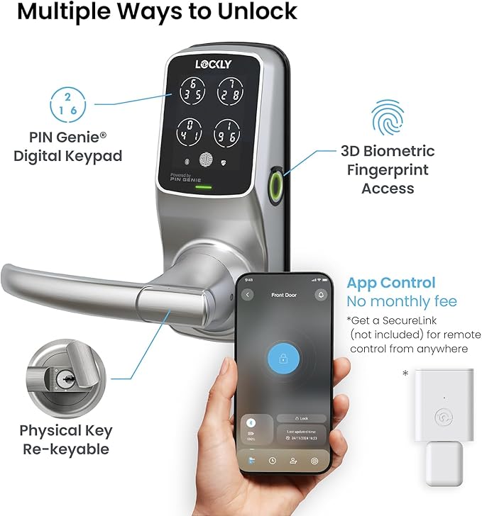 Lockly Secure Plus Smart Lock Bluetooth, 3D Biometric Fingerprint Sensor Front Door Lock with Handle, Digital Keypad Keyless Entry Door Lock, Voice Control & Auto Lock - Latch Edition