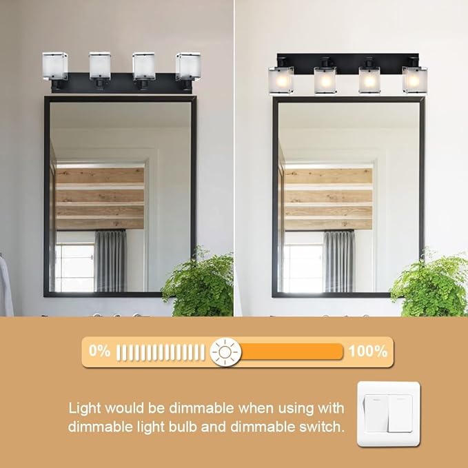 WINSHEN 4-Lights Bathroom Vanity Lighting Over Mirror, Black Bathroom Wall Light Fixtures with Frosted Rectangular Glass Shade for Bath Living Room, E26 Bulb Base