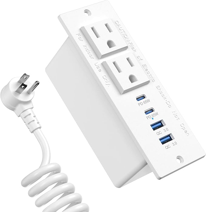 Recessed Power Strip USB C 65W Fast Charging Station,in Drawer Outlet,Furniture Flush Mount for Desktop,Workspace Essential Desk Outlet (White, 6FT)