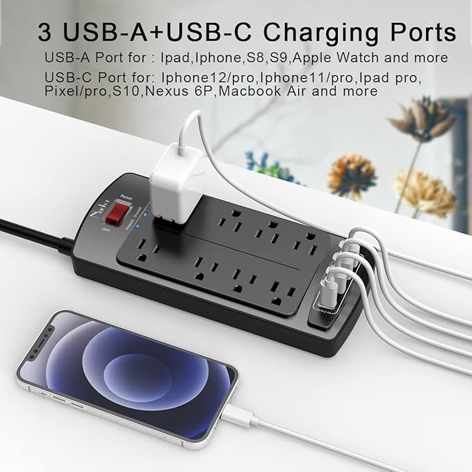 Surge Protector Power Strip - Nuetsa Flat Plug Extension Cord with 8 Outlets and 4 USB Ports, 20 Feet Power Cord (1625W/13A), 2700 Joules, ETL Listed, Black