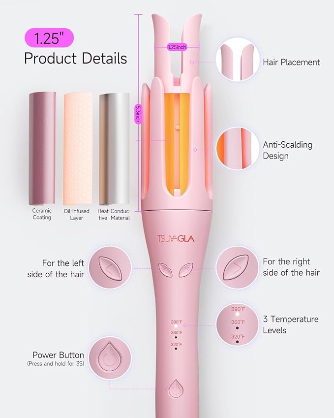 TSUYAGLA Automatic Curling Iron,1 1/4 Hair Curler with 3 Temperatures, 10S Fast Heating, 2-Way Rotation, 30 Min Auto Shut-Off, 500 Million Ionic, Anti-Scald-Tangle for Long Hair