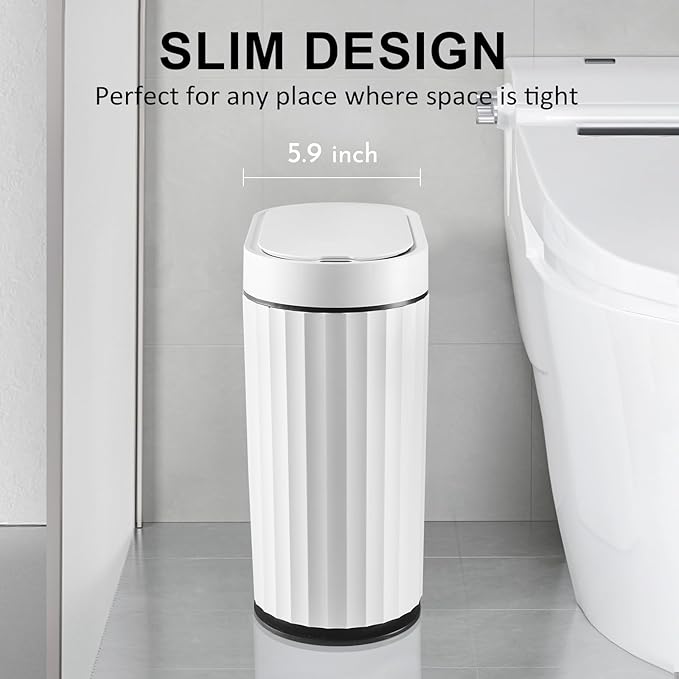 ELPHECO Bathroom Trash Can with Lid 2 Gallon Small Sensor Garbage Can, Slim Smart Trash Bin, Waterproof Automatic Wastebasket, Narrow Plastic Garbage Bin for Bathroom, Black and White
