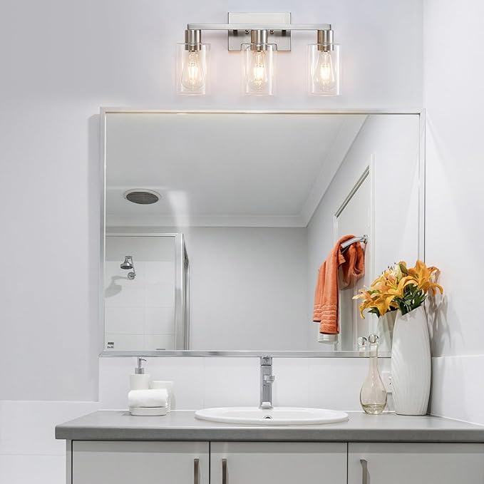 SOPEAS 3-Light Vanity Lights,Brushed Nickel Vanity Light,with Clear Glass Shade for Bathroom Light Fixtures, Bathroom Light Fixtures Over Mirror