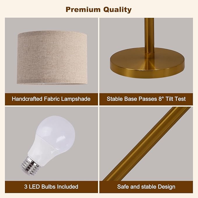 Fansdrick Gold Floor Lamps for Living Room, Super Bright Arc Floor Lamp with Remote Control, 3 Light Tall Floor Lamps with Stepless Dimmable, 80" Mid Century Tree Floor Lamp for Bedroom, Office