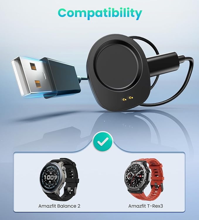 TiMOVO Dock Charger Compatible with Amazfit T-Rex 3/Balance 2, 3.3ft/1m Magnetic Replacement Charging Stand, Smartwatch Accessories, 2 Pack