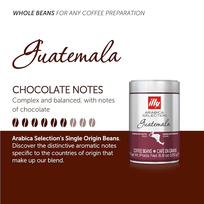 illy Whole Bean Coffee, Guatemala Single Origin Dark Roast, 100% Arabica, Premium Italian Coffee, Ideal for Espresso, Drip, Moka and French Press Brewing, 8.8oz, 6 Pack