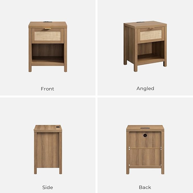 SICOTAS Rattan Night Stand with Charging Station - Farmhouse Nightstand with Type-C and USB Ports, Boho Accent Bed Side Table with Drawer and Open Shelf for Bedroom Small Space, Oak