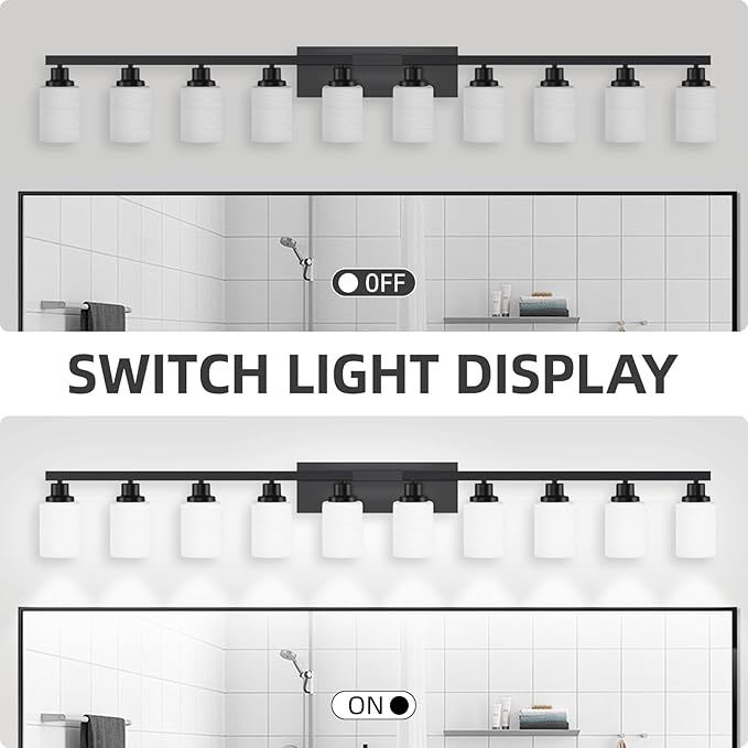 DIKAIDA 10 Light Bathroom Vanity Lights Over Mirror, 65.4 inch Black Vanity Lights Fixtures with White Glass Shades Matte Black Modern Vanity Lights Black Bathroom Wall Lighting for Mirror Bedroom