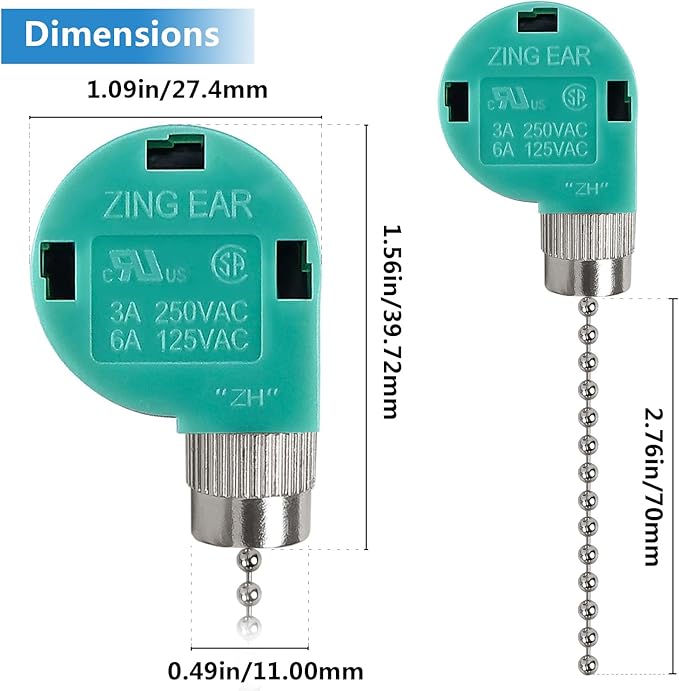 Ceiling Fan Switch, 4 Wire Zing Ear ZE-268S6 Pull Chain Switch Replacement 3 Speed Control Switch Compatible with Hunter Ceiling Fans, Wall Lamps, Cabinet Light (Nickel Pull Chain)