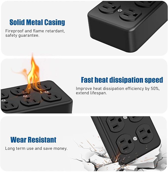 Heavy Duty Power Strip with USB,8 Outlet Workshop Metal Power Strip,PD20W USB C 15A 1200 Joules Surge Protection,Wide Spaced,15FT Cord
