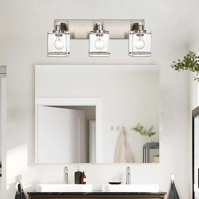 WINSHEN 3-Lights Bathroom Wall Light Fixtures E26 Bulb Base, Brushed Nickel Vanity Lighting Fixtures Over Mirror with Clear Glass Shades for Living Room Hallway Kitchen