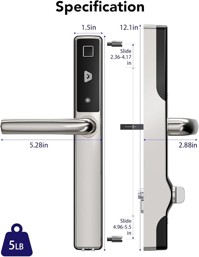 Blusafe Electronic Smart Door Lock Fingerprint Door Lock with Keypad，Smart Lock for Front Door Children Proof IC Card, App Control & Mechanical Key 40–90mm Multipoint Locks(OS Frosted Silver)