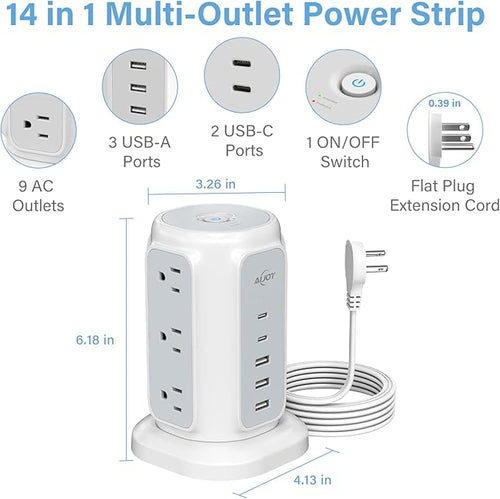 AiJoy Flat Plug Power Strip Tower 9 Outlets and 5 USB Ports (2 USB-C), 1200J Surge Protection, 6.5ft 1625W Extension Cord Charging Station for Home Office Supplies, Dorm Room Essentials