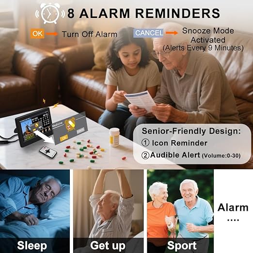 FEYBYLA 2025 New Digital Clock with Temperature/Humidity & Weather Forecast, Auto Time Sync Large Display, Custom Alarms & Medication Reminders, Ideal for Elderly(Black, 7-Inch)