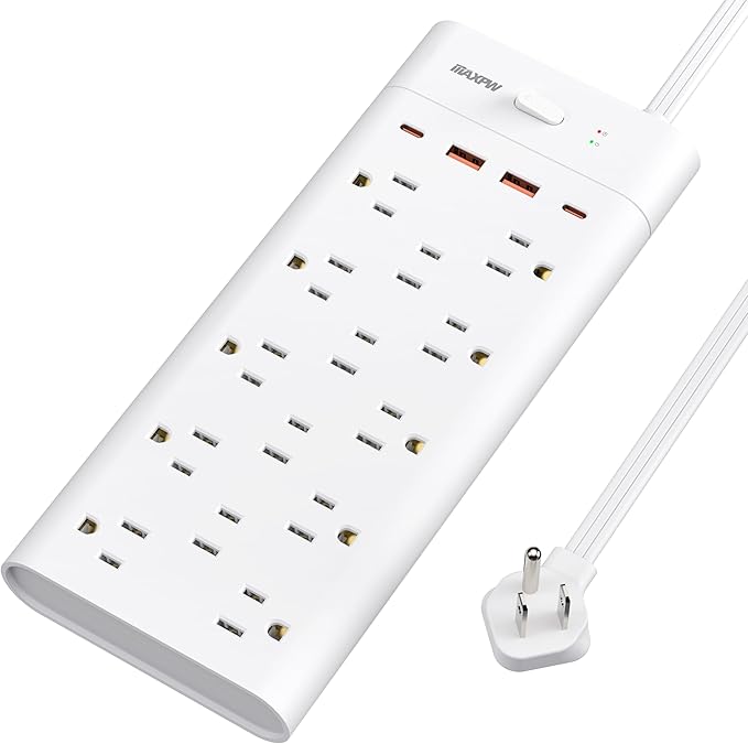 Surge Protector Power Strip Outlet Extender with 14 Outlets and 4 USB Ports (2 USB C), 6 Ft Flat Plug Extension Cord, 1700 Joules, Wall Mount for Home, Office, Dorm, White