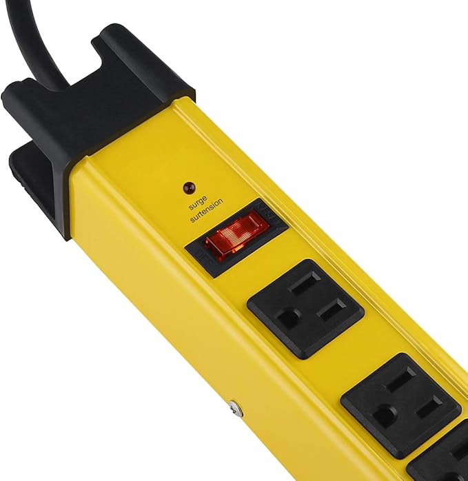 Heavy Duty Power Strip Surge Protector - 6 Outlet Industrial Strip With 15A, 15 FT Cord, 1200 Joules - ETL Listed Yellow Metal for Shop, Workshop, Garden