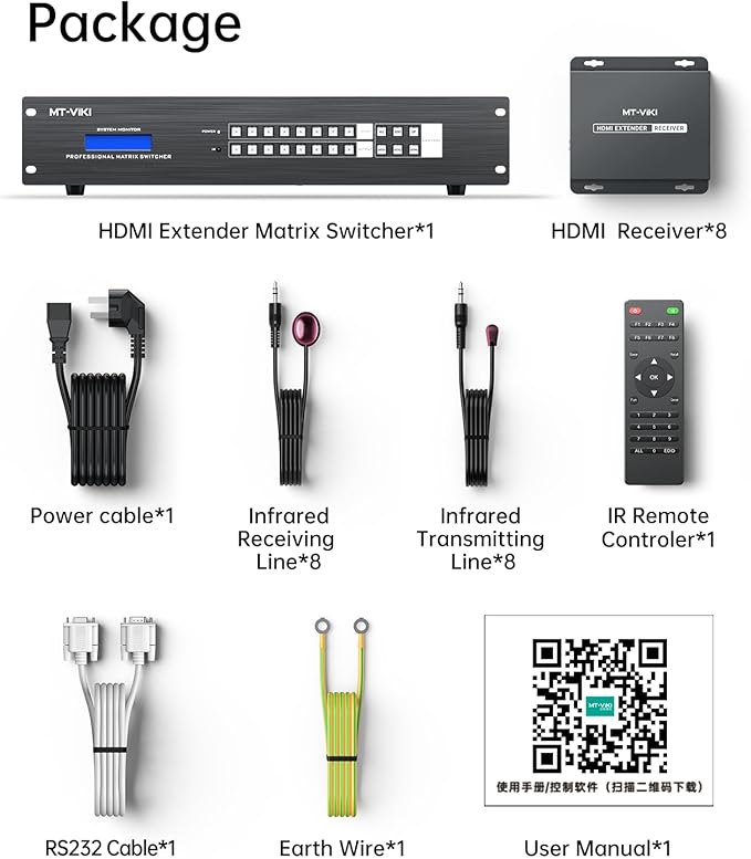 MT-VIKI 8 in 24 Out HDMI Extender Matrix 8x8, 4K60Hz Over CAT6 Ethernet Cable, with 8 POC Receivers, Web GUI, RS232, Up to 230FT (70m)