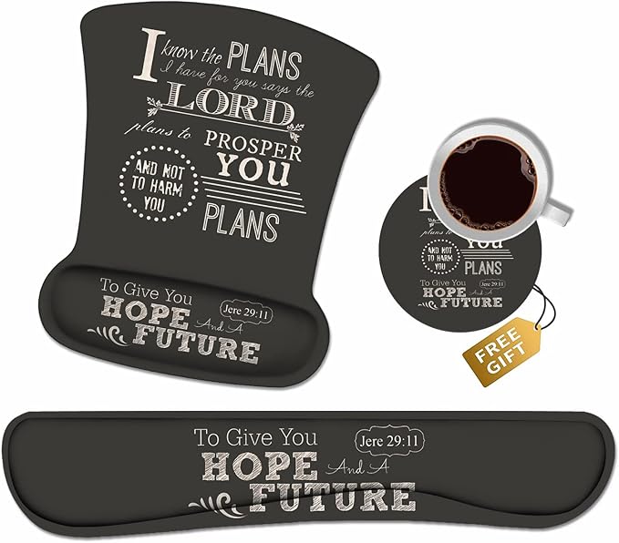 Ergonomic Mouse Pad Wrist Support and Keyboard Wrist Rest Set with Coasters, Non-Slip PU Base, Easy Typing and Relieve Wrist Pain, Perfect for Home Office Working Studying, Bible Verse Jeremiah 29:11