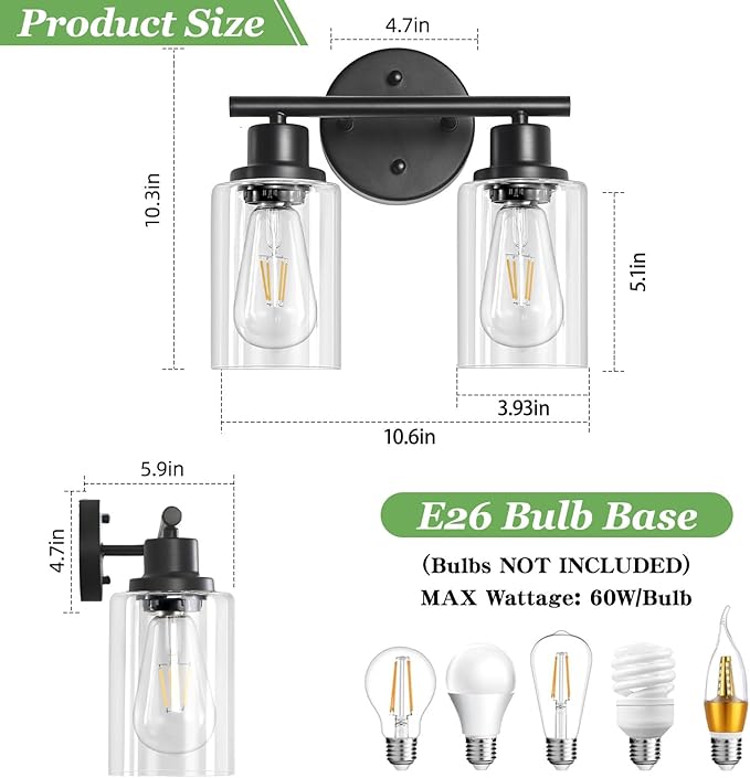 Guliaofo 2-Light Black Bathroom Light Fixtures, E26 Modern Vanity Lights for Bathroom with Clear Glass Shade, Wall Lamps for Mirror Kitchen Hallway Cabinet Living Room Sconces Lights