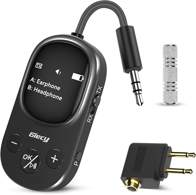 Giecy Airplane Bluetooth 5.3 Transmitter Receiver Adapter, Supports 2 AirPods or Headphones with aptX Low Latency, 3.5mm AUX Jack Wireless Audio Transmitter for Planes, Airline, Travel, TV (Black)