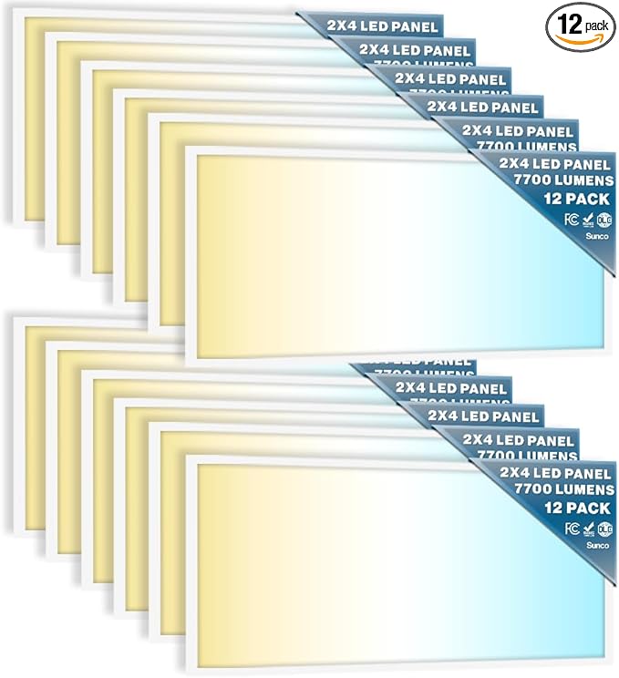 Sunco 12 Pack 2x4 LED Flat Panel Light Drop Ceiling Office Fixture, 7700 LM, Selectable Features, 40W/50W/60W, 4000K/5000K/6000K, Dimmable (0-10V), Dustproof ETL.